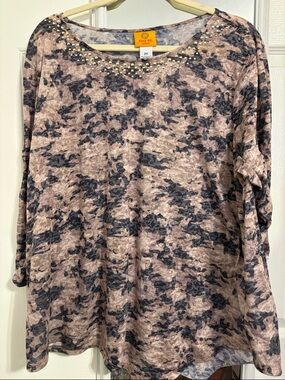 Ruby Rd. Plus-Size Camouflage Long Sleeve Top - Taupe & Black with Gold Studs